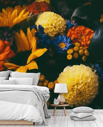 Verbrande oranje en gele bloemen behang Verbrande oranje en gele bloemen behang