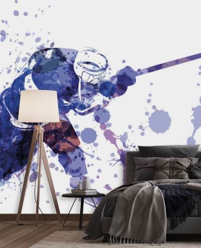 purple and white ice hockey wallpaper mural called Watercolor Illustration of Hockey Player for kids bedrooms purple and white ice hockey wallpaper mural called Watercolor Illustration of Hockey Player for kids bedrooms