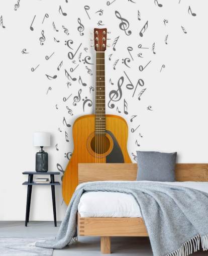 Gitarr med svarta anteckningar flytande ut på vit bakgrund väggmålning Gitarr med svarta anteckningar flytande ut på vit bakgrund väggmålning