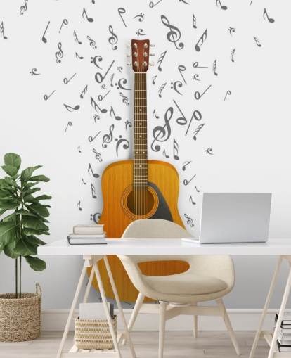 Gitaar met zwarte noten zwevend op witte achtergrond muurschildering Gitaar met zwarte noten zwevend op witte achtergrond muurschildering