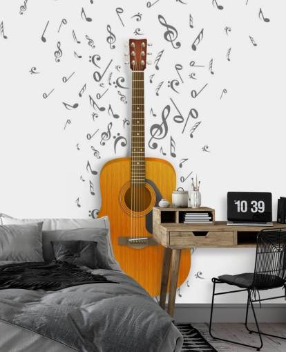 Decorazione murale con chitarra con note nere che fluttuano su sfondo bianco Decorazione murale con chitarra con note nere che fluttuano su sfondo bianco