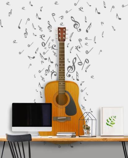 Gitarr med svarta anteckningar flytande ut på vit bakgrund väggmålning Gitarr med svarta anteckningar flytande ut på vit bakgrund väggmålning