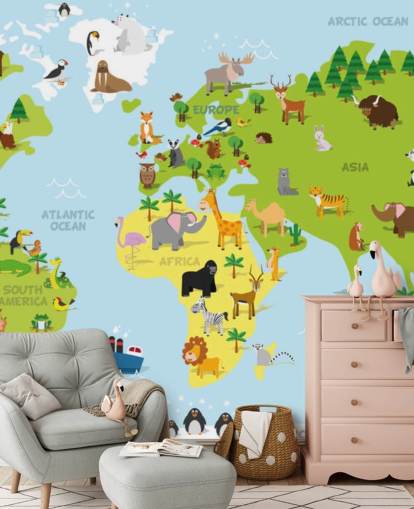 Illustrated Childrens World Map with Animals Wallpaper Mural Illustrated Childrens World Map with Animals Wallpaper Mural
