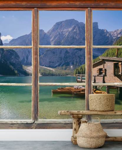 Carta da parati per lago, montagna e casa barca Carta da parati per lago, montagna e casa barca