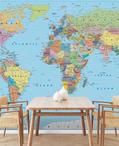 Muurschildering met gekleurde kaart van de wereld Muurschildering met gekleurde kaart van de wereld