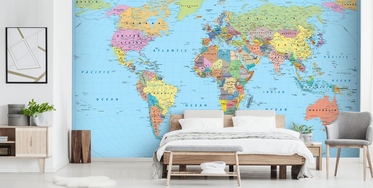 Colored Map of the World Wallpaper Mural Colored Map of the World Wallpaper Mural