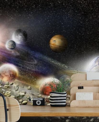 Night sky in space wallpaper with lots of planets and asteroids about to collide Night sky in space wallpaper with lots of planets and asteroids about to collide