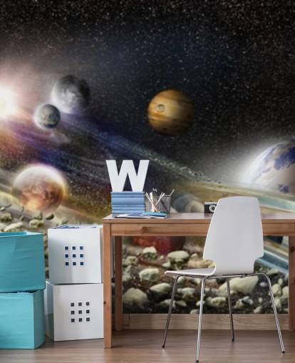 Night sky in space wallpaper with lots of planets and asteroids about to collide Night sky in space wallpaper with lots of planets and asteroids about to collide