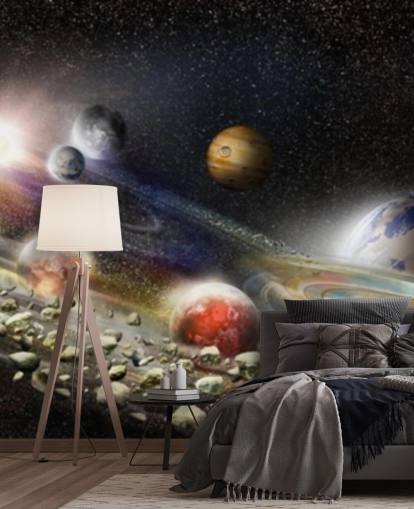 Nattehimmel i verdensrommet tapet med mange planeter og asteroider i ferd med å kollidere Nattehimmel i verdensrommet tapet med mange planeter og asteroider i ferd med å kollidere