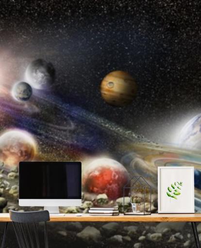 Papel de parede de céu noturno no espaço com muitos planetas e asteróides prestes a colidir Papel de parede de céu noturno no espaço com muitos planetas e asteróides prestes a colidir