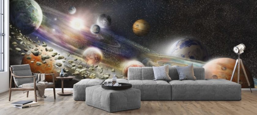 Nattehimmel i rummet tapet med masser af planeter og asteroider ved at kollidere