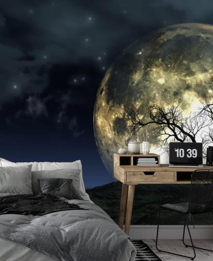 Glødende Moon Bak Tre Bakgrunn Glødende Moon Bak Tre Bakgrunn