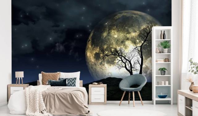 Glowing Moon Behind Tree Wallpaper