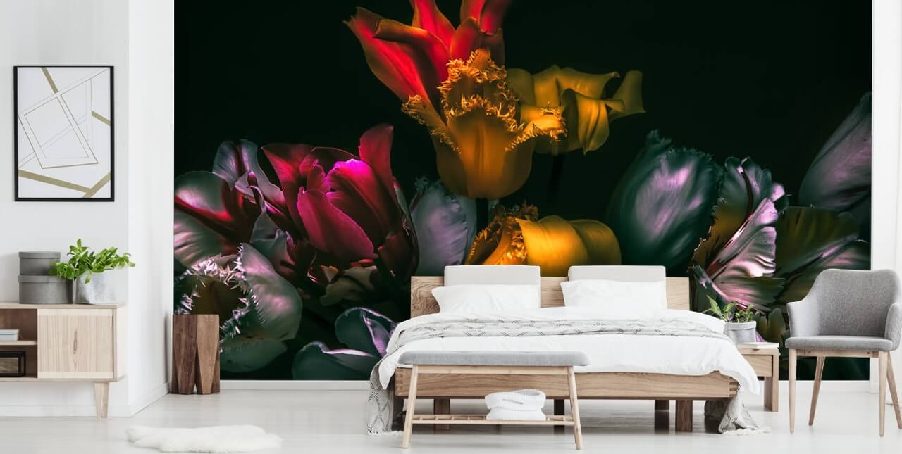 dark floral wallpaper mural called Exotic Blooms for bedrooms and living rooms