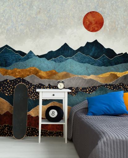 blått, gull og rødt tilpassbart abstrakt tapetmaleri kalt Amber Dusk av SpaceFrog Design for soverom, bad og stuer blått, gull og rødt tilpassbart abstrakt tapetmaleri kalt Amber Dusk av SpaceFrog Design for soverom, bad og stuer