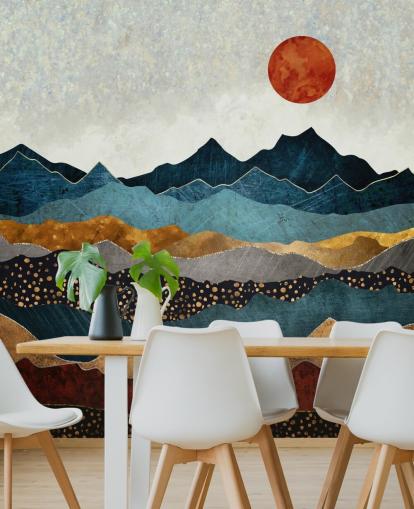 mural de papel pintado abstracto personalizable azul, dorado y rojo llamado Amber Dusk de SpaceFrog Designs para dormitorios, baños y salas de estar mural de papel pintado abstracto personalizable azul, dorado y rojo llamado Amber Dusk de SpaceFrog Designs para dormitorios, baños y salas de estar