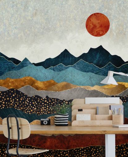 carta da parati astratta personalizzabile blu, oro e rossa chiamata Amber Dusk di SpaceFrog Designs per camere da letto, bagni e salotti carta da parati astratta personalizzabile blu, oro e rossa chiamata Amber Dusk di SpaceFrog Designs per camere da letto, bagni e salotti