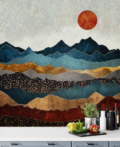 mural de papel de parede abstrato personalizável azul, dourado e vermelho chamado Amber Dusk da SpaceFrog Designs para quartos, banheiros e salas de estar mural de papel de parede abstrato personalizável azul, dourado e vermelho chamado Amber Dusk da SpaceFrog Designs para quartos, banheiros e salas de estar