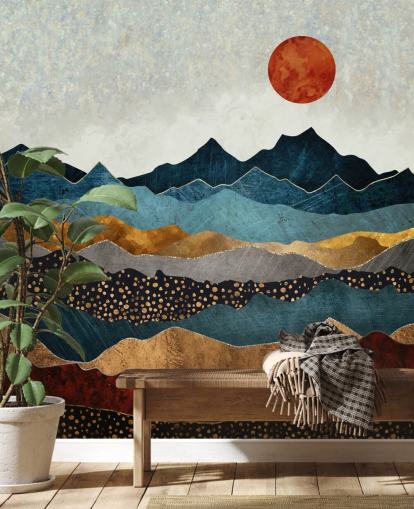 blå, guld och röd anpassningsbar abstrakt tapetväggmålning som heter Amber Dusk av SpaceFrog Design för sovrum, badrum och vardagsrum blå, guld och röd anpassningsbar abstrakt tapetväggmålning som heter Amber Dusk av SpaceFrog Design för sovrum, badrum och vardagsrum