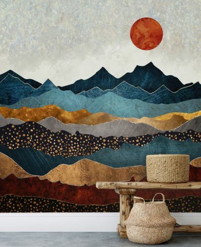 Personalisierbares abstraktes Tapeten-Wandbild in Blau, Gold und Rot namens Amber Dusk von SpaceFrog Designs für Schlafzimmer, Badezimmer und Wohnzimmer Personalisierbares abstraktes Tapeten-Wandbild in Blau, Gold und Rot namens Amber Dusk von SpaceFrog Designs für Schlafzimmer, Badezimmer und Wohnzimmer