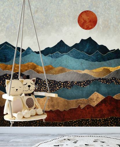 blått, gull og rødt tilpassbart abstrakt tapetmaleri kalt Amber Dusk av SpaceFrog Design for soverom, bad og stuer blått, gull og rødt tilpassbart abstrakt tapetmaleri kalt Amber Dusk av SpaceFrog Design for soverom, bad og stuer