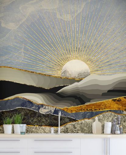 montanhas abstratas e lua em cores metálicas papel de parede montanhas abstratas e lua em cores metálicas papel de parede