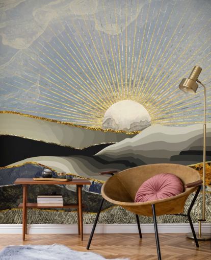 abstracte bergen en maan in metallic kleuren behang abstracte bergen en maan in metallic kleuren behang