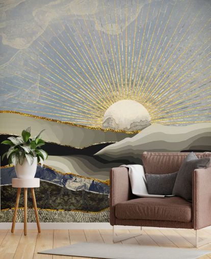 abstrakte bjerge og måne i metalliske farver tapet abstrakte bjerge og måne i metalliske farver tapet