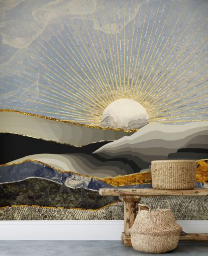 carta da parati astratta montagne e luna in colori metallizzati carta da parati astratta montagne e luna in colori metallizzati