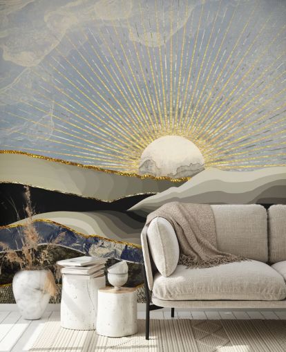 papel pintado abstracto montañas y luna en colores metalizados papel pintado abstracto montañas y luna en colores metalizados