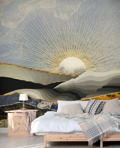 abstrakte bjerge og måne i metalliske farver tapet abstrakte bjerge og måne i metalliske farver tapet