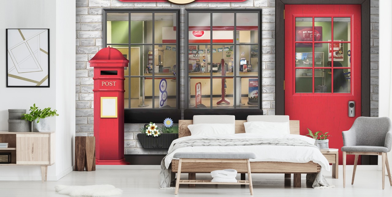 grå och röd anpassningsbar postkontor tapetväggmålning kallad Post Office för vårdhem