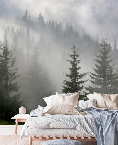 papier peint mural de forêt personnalisé vert foncé appelé Pine Forest in Mist pour les cuisines et les salles à manger papier peint mural de forêt personnalisé vert foncé appelé Pine Forest in Mist pour les cuisines et les salles à manger