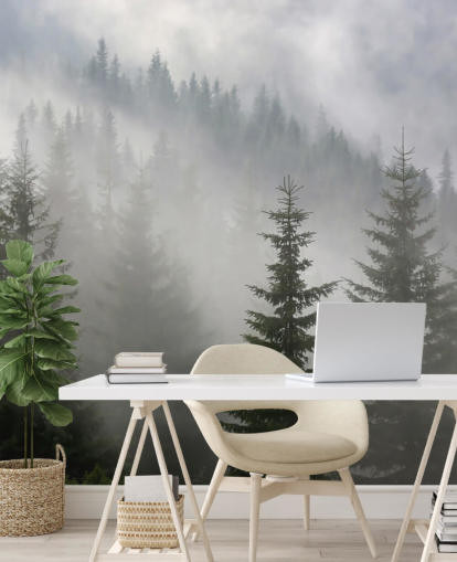 carta da parati murale personalizzata verde scuro chiamata Pine Forest in Mist per cucine e sale da pranzo carta da parati murale personalizzata verde scuro chiamata Pine Forest in Mist per cucine e sale da pranzo