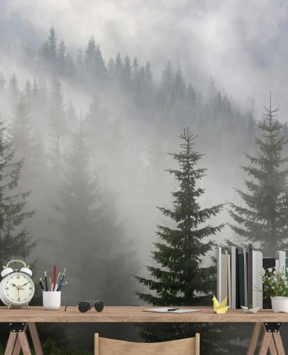 dark green custom forest wallpaper mural called Pine Forest in Mist for kitchens and dining rooms dark green custom forest wallpaper mural called Pine Forest in Mist for kitchens and dining rooms