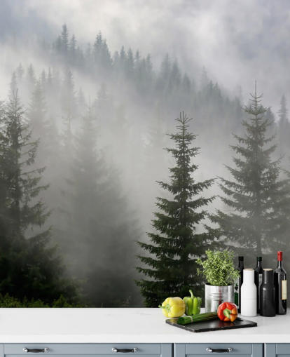 dark green custom forest wallpaper mural called Pine Forest in Mist for kitchens and dining rooms dark green custom forest wallpaper mural called Pine Forest in Mist for kitchens and dining rooms