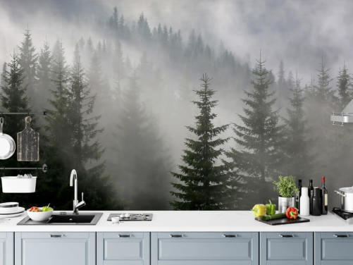 dark green custom forest wallpaper mural called Pine Forest in Mist for kitchens and dining rooms
