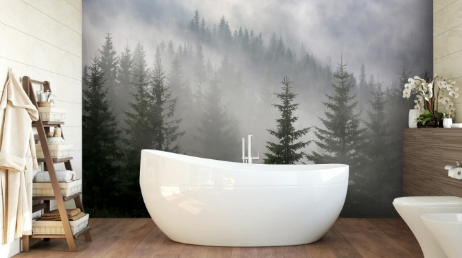 donkergroene bosbehangmuurschildering op maat genaamd Pine Forest in Mist voor keukens en eetkamers