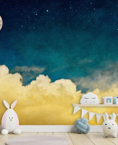 Decorazione murale con luna e stelle con cieli nuvolosi ocra Decorazione murale con luna e stelle con cieli nuvolosi ocra