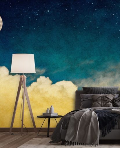 Moon and Stars with Ochre Cloudy Skies Wall Mural Moon and Stars with Ochre Cloudy Skies Wall Mural