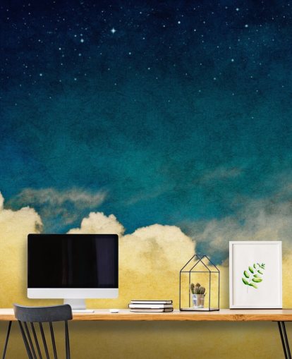 Decorazione murale con luna e stelle con cieli nuvolosi ocra Decorazione murale con luna e stelle con cieli nuvolosi ocra