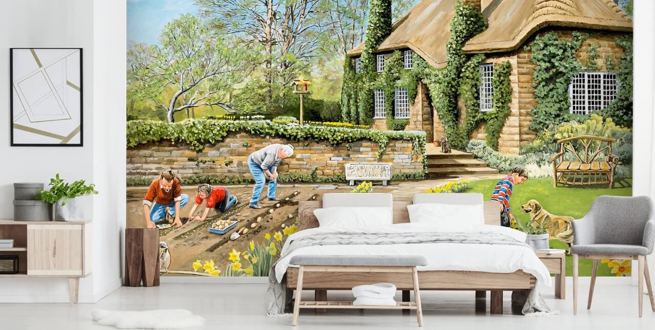 cottage and gardeners outside wallpaper