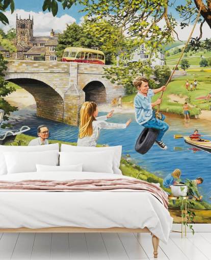 mural de papel de parede colorido da era passada chamado Picnic on the Riverbank, de Trevor Mitchell, para casas de repouso mural de papel de parede colorido da era passada chamado Picnic on the Riverbank, de Trevor Mitchell, para casas de repouso