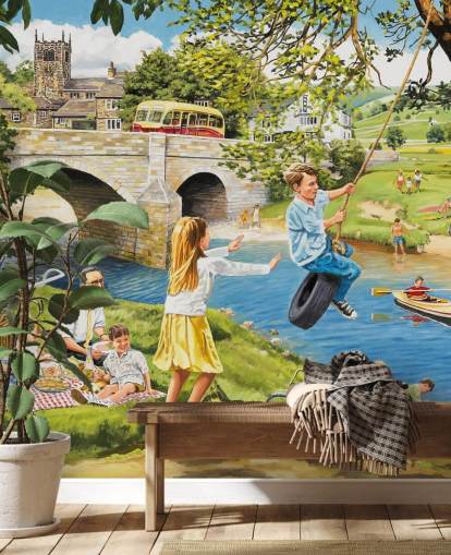 colourful bygone era wallpaper mural called Picnic on the Riverbank by Trevor Mitchell for care homes colourful bygone era wallpaper mural called Picnic on the Riverbank by Trevor Mitchell for care homes