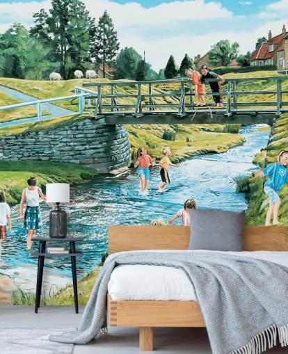 children playing by the river bank and pooh sticks on the bridge wallpaper children playing by the river bank and pooh sticks on the bridge wallpaper