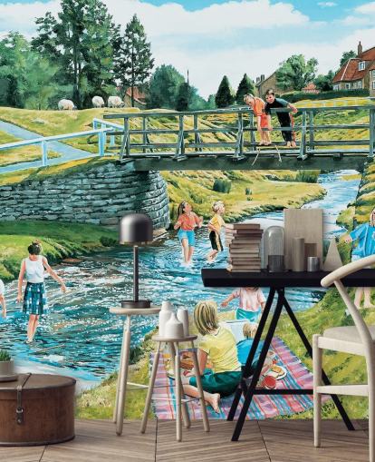 children playing by the river bank and pooh sticks on the bridge wallpaper children playing by the river bank and pooh sticks on the bridge wallpaper