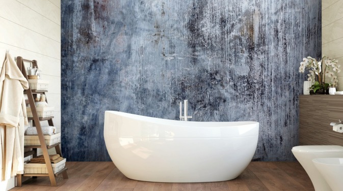 blauwe behangmuurschildering met betoneffect voor keukens en woonkamers van Wallsauce