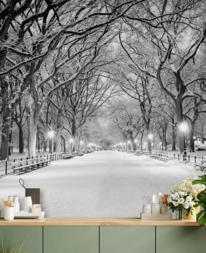 mural de papel de parede monocromático personalizado de Nova York chamado Central Park Covered in Snow para salas de estar ou salas de jantar mural de papel de parede monocromático personalizado de Nova York chamado Central Park Covered in Snow para salas de estar ou salas de jantar