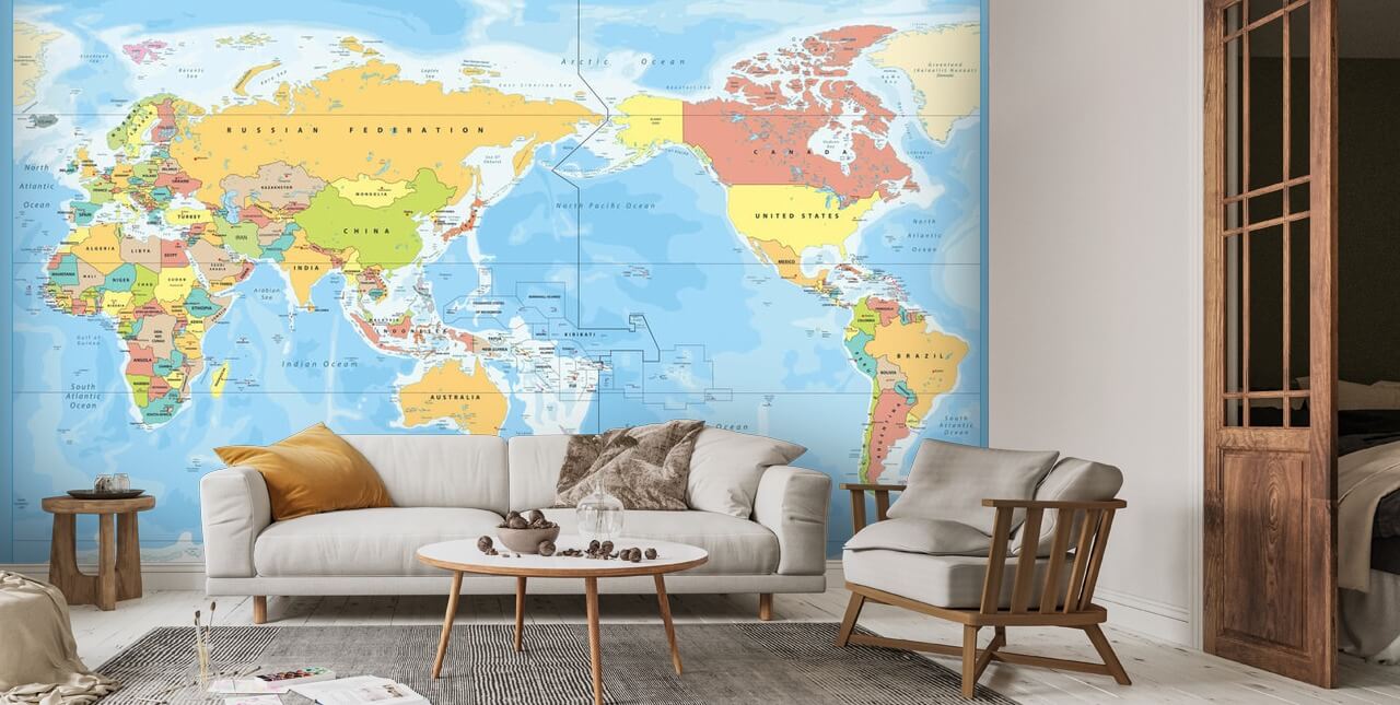 Pacific World gekleurde kaart behang | Wallsauce NL