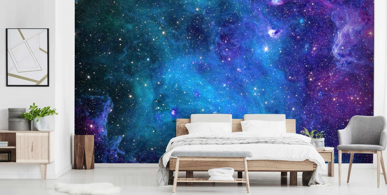 carta da parati nebulosa personalizzabile viola e blu chiamata Galaxy per camere da letto